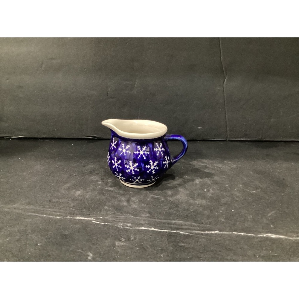 Polish Pottery Boleslawiec Hand Made Creamer  Blue Pattern Snowflakes